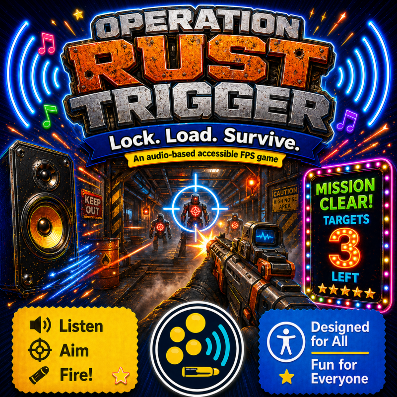 Audio action game artwork for Operation Rust Trigger, showing a tense combat scene with bold TactivoPlay arcade-style branding.