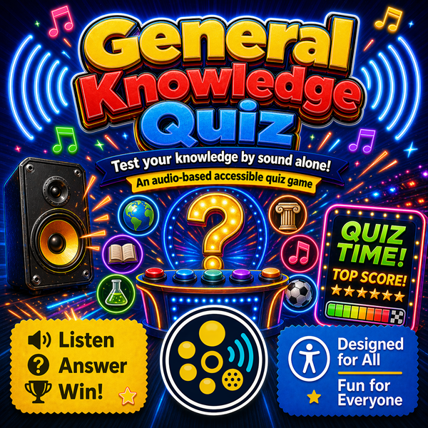 Quiz game image with bright question-themed graphics and text promoting an accessible audio-based quiz where players listen and answer.