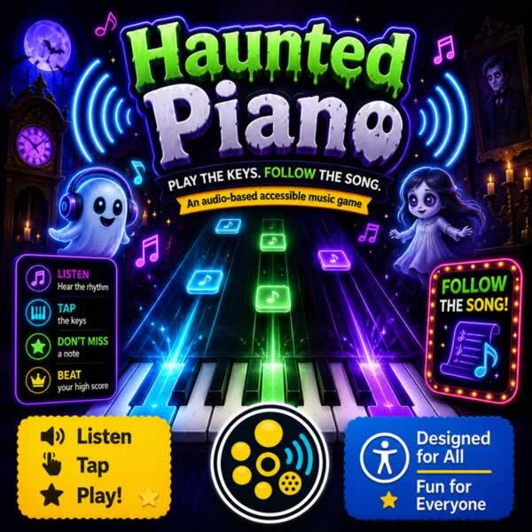 Colourful Haunted Piano game artwork showing glowing piano keys, friendly ghosts, musical notes, and instructions to listen, follow the rhythm, and tap the correct keys.