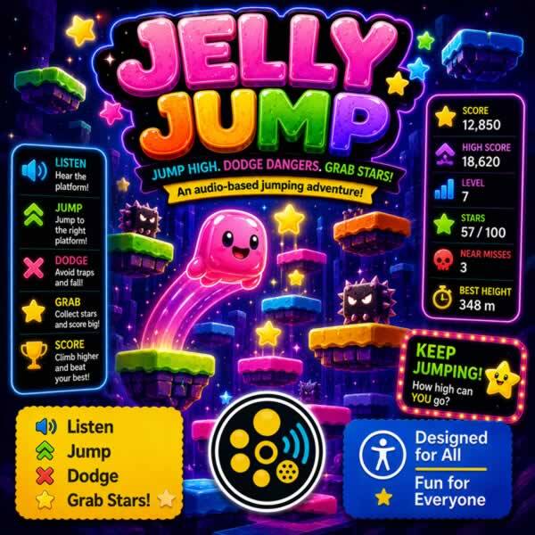 Colourful Jelly Jump game artwork showing a cheerful pink jelly character leaping between floating platforms, collecting stars, avoiding hazards, and following audio cues.