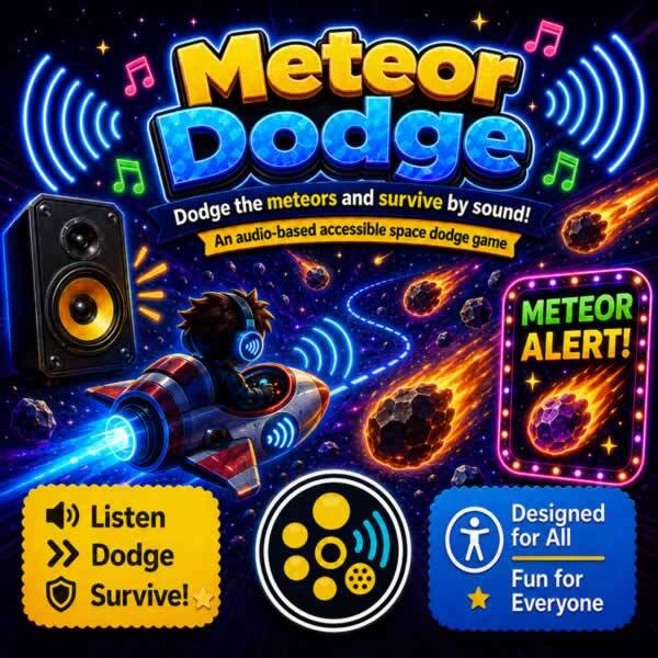 Colourful Meteor Dodge game artwork showing a player in a small spaceship dodging flaming meteors through space using sound cues, with speaker graphics, a “Meteor Alert” sign, and accessibility icons.