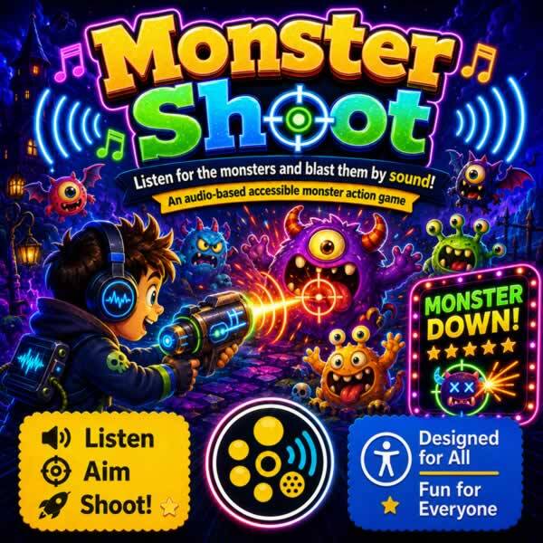 Colourful Monster Shoot game artwork showing a headphone-wearing player aiming at cartoon monsters and using directional sound cues, with score, health, and accessibility icons.
