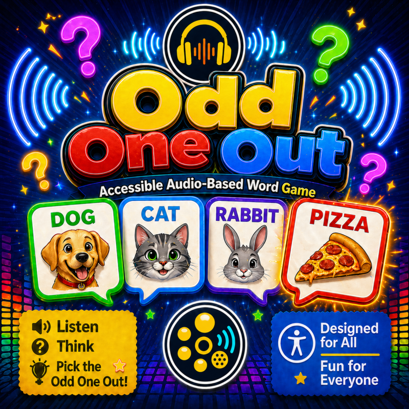 Odd One Out game artwork with word puzzle imagery, headphones, bold title text, and the TactivoPlay logo.