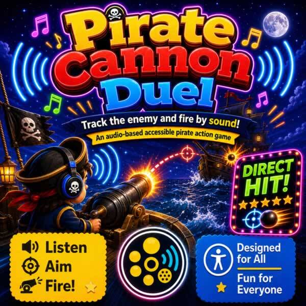 Colourful Pirate Cannon Duel game artwork showing a headphone-wearing pirate tracking an enemy ship by sound, aiming a cannon, and firing across the sea, with accessibility icons.