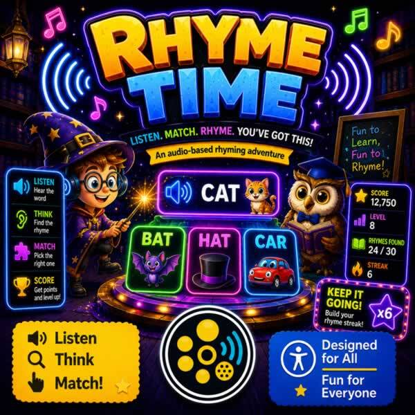 Colourful Rhyme Time game artwork showing a young wizard and an owl matching the spoken word “cat” with rhyming choices, alongside score, level, streak, and accessibility icons.