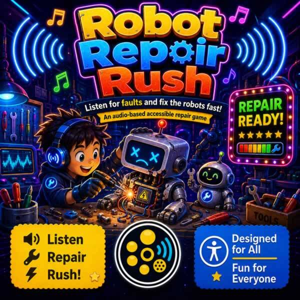 Colourful Robot Repair Rush game artwork showing a headphone-wearing mechanic fixing a damaged robot by listening for faults, with tools, sound waves, a repair meter, and accessibility icons.