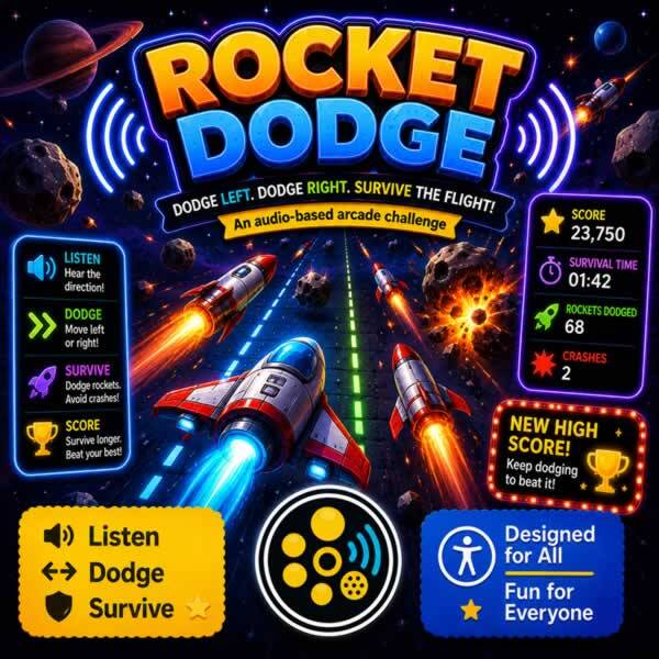 Colourful Rocket Dodge game artwork showing a spaceship weaving between rockets and asteroids by following directional audio cues, with score, survival time, crashes, and accessibility icons.