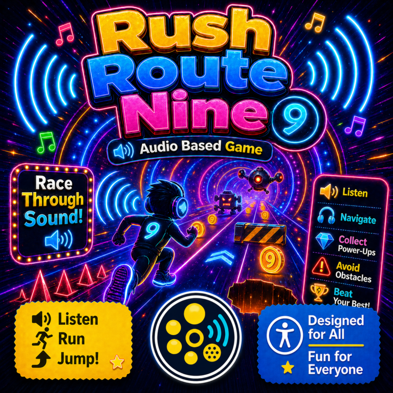 A neon “Rush Route Nine” poster showing a headphone-wearing runner racing through glowing tunnels, collecting bonuses, avoiding robots, spikes, barriers, and jumps by sound.