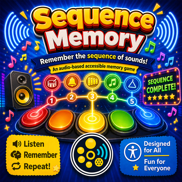 Sequence Memory image showing colourful memory-game graphics and text promoting an accessible audio game where players repeat sequences.