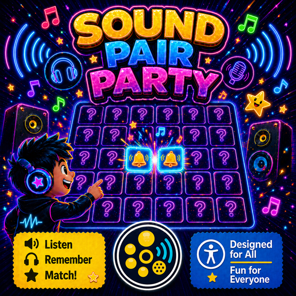 Sound Pair Party artwork with matching game imagery, headphones, bold title text, and the TactivoPlay logo.