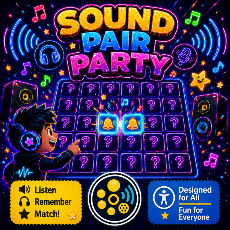 Sound Pair Party artwork showing a fun matching game design with TactivoPlay arcade-style branding.
