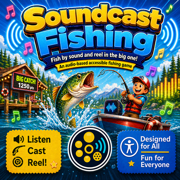 Soundcast Fishing image showing a colourful fishing scene and text promoting an accessible audio-based game about casting and reeling.