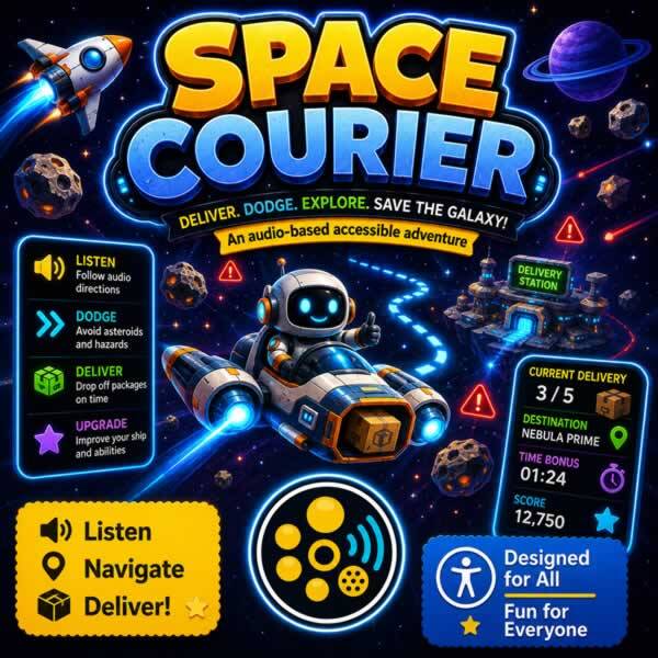 Colourful Space Courier game artwork showing a friendly robot piloting a delivery spaceship through asteroids by following audio directions, with a delivery station, mission status, score, and accessibility icons.