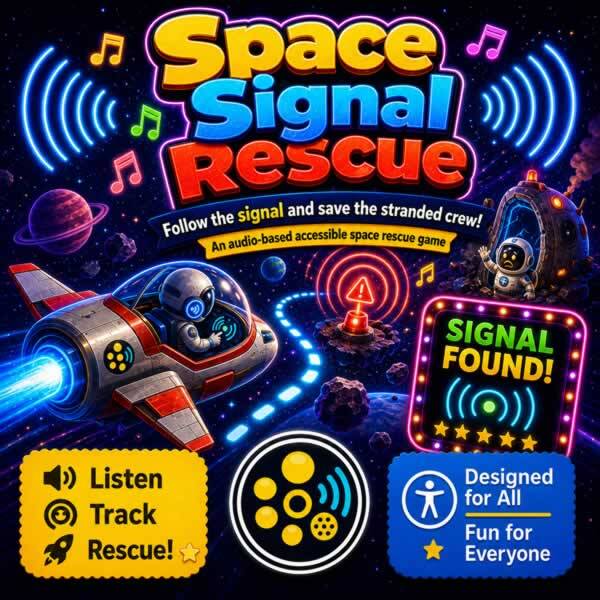 Colourful Space Courier game artwork showing a friendly robot piloting a delivery spaceship through asteroids using audio directions, with a space station, mission status, score, and accessibility icons.