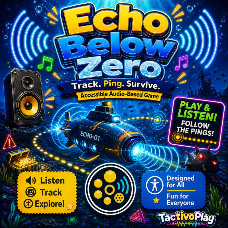 Submarine game artwork with an underwater scene, sonar display, headphones, and the TactivoPlay logo.