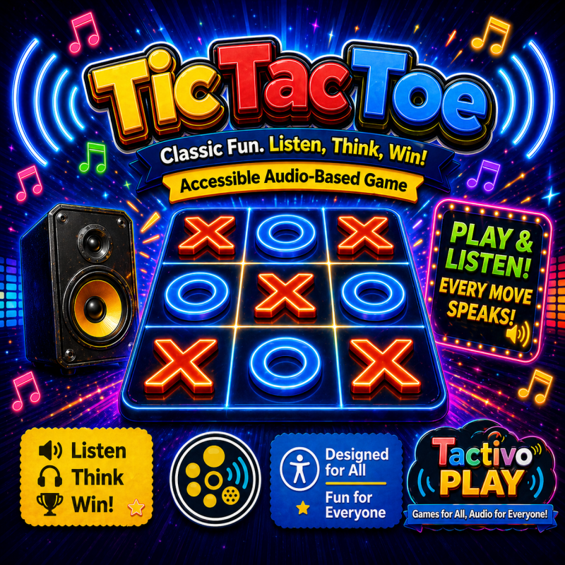 Tic Tac Toe game artwork with a grid, X and O symbols, headphones, bold title text, and the TactivoPlay logo.