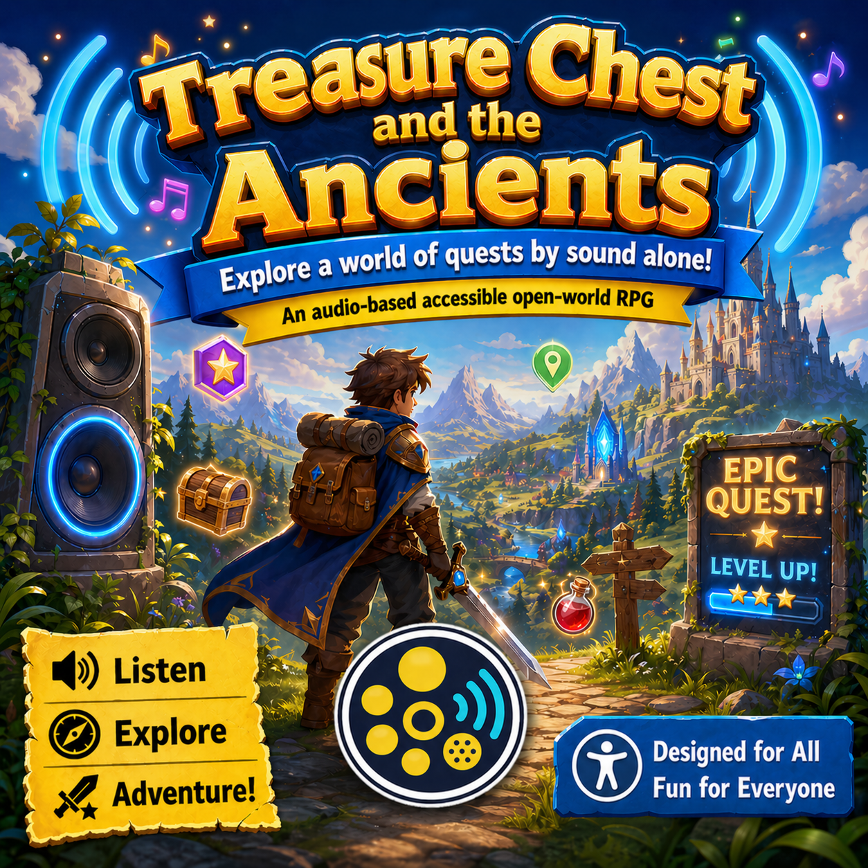 Treasure Chest and the Ancients image showing a fantasy treasure adventure scene and text about an accessible sound-based open-world RPG..