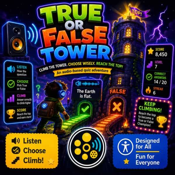 Colourful True or False Tower game artwork showing a player climbing a magical tower by answering spoken true-or-false questions, with score, level, streak, and accessibility icons.
