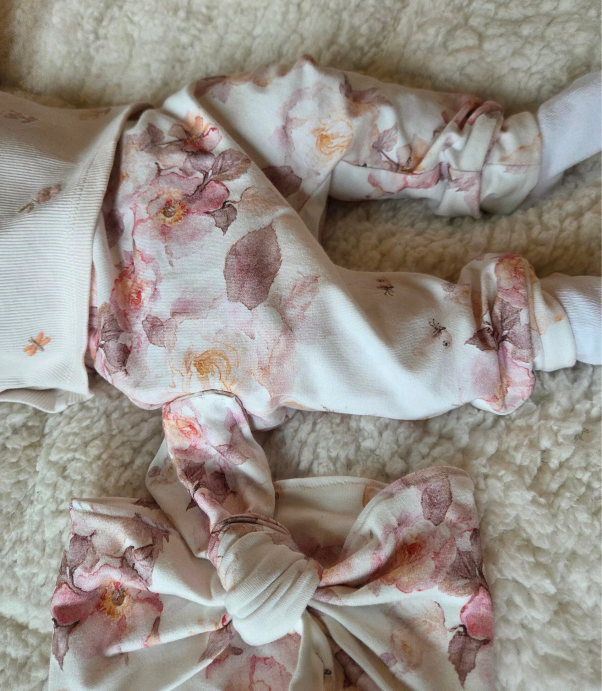 Roze bloemen broekje + haarband handmade