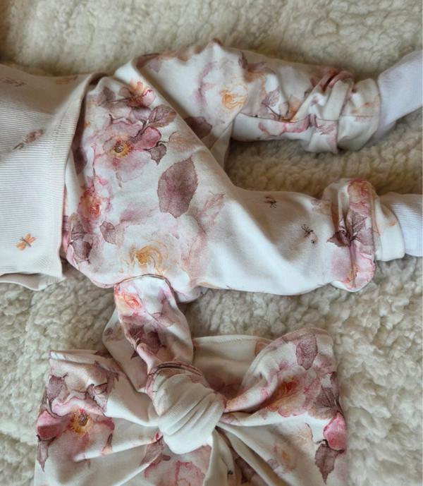 Roze bloemen broekje + haarband handmade