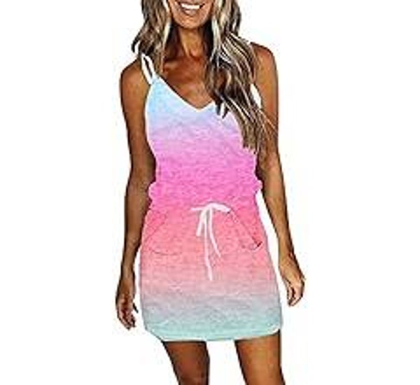 Women Summer Casual Striped Dress Sleeveless Halter Strap Flowy Boho Dress with Pockets