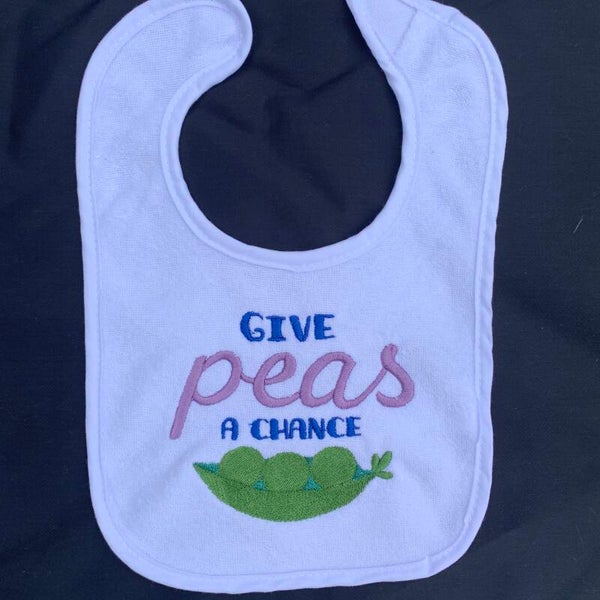 "Give Peas A Chance"  Machine Embroidered Baby Bibs--FREE Shipping!