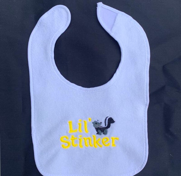 "Little Stinker"  Machine Embroidered Baby Bibs--FREE Shipping!