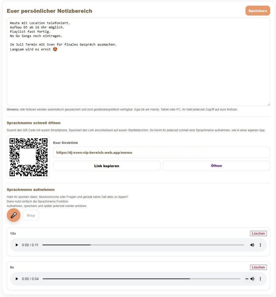 Wedding Hub Persönlicher Notizbereich mit Sprachmemo