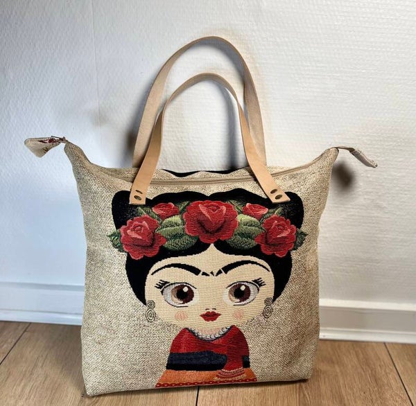 Skuldertaske m/ læder hanke Frida beige b.