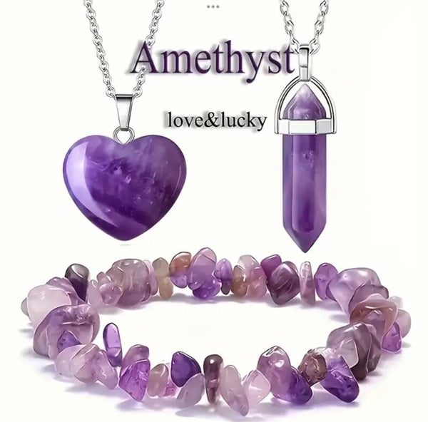 Ametyst krisp armbånd med hjerte og pendul vedhæng