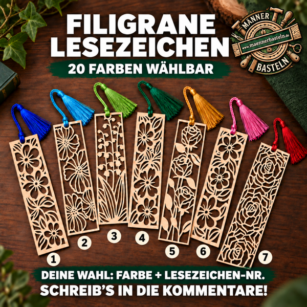 Florales Holz-Lesezeichen mit Quaste – Motiv und Farbe wählbar