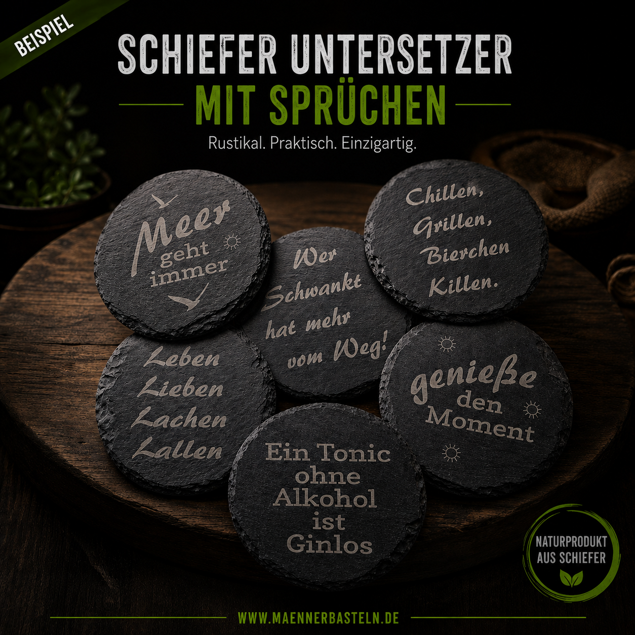 Schiefer-Untersetzer mit Sprüchen – gravierte Getränkeuntersetzer aus Naturschiefer