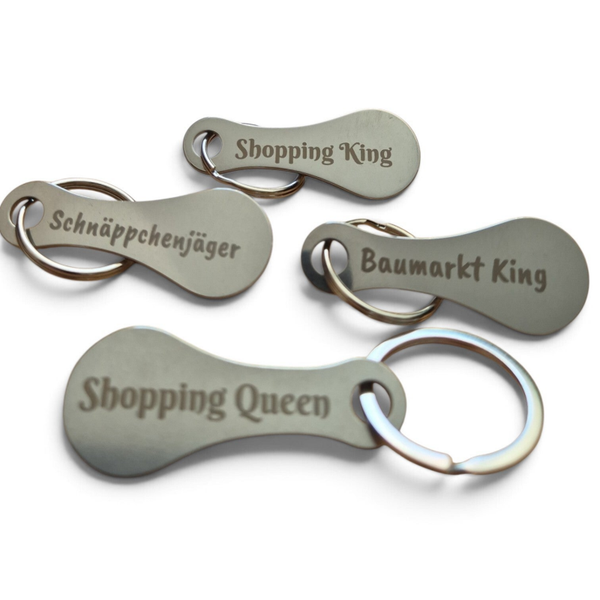 Einkaufswagenlöser aus Metall mit Schlüsselring und Spruch – Einkaufswagenchip