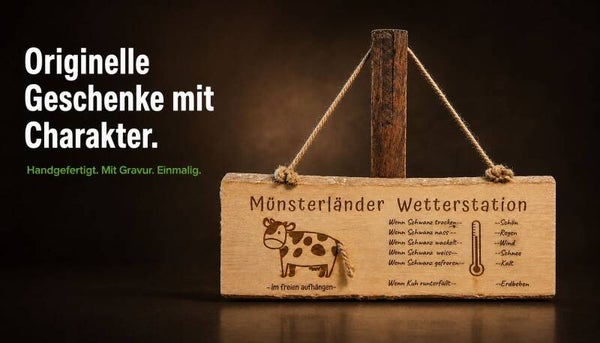 Handgemachte Münsterländer Wetterstation aus Holz mit Kuhschwanz – einzigartiges Deko-Schild