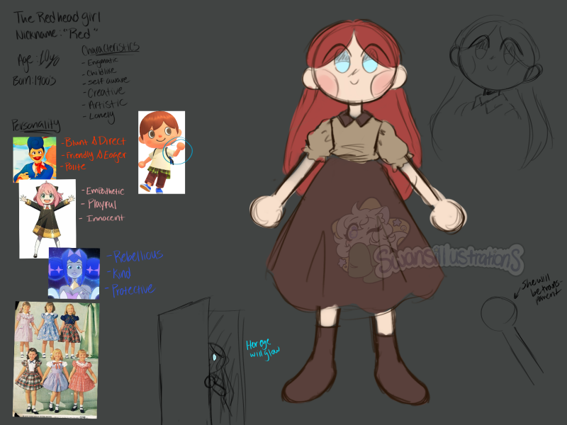 Pipper Character Reference Sheet  Media: Digital Illustration/Character Design  Size: 2160 x 1620 px  Date: 2025  Description: Finalized character reference sheet for Pipper. It shows her color palette, and personality, also telling a little bit about her