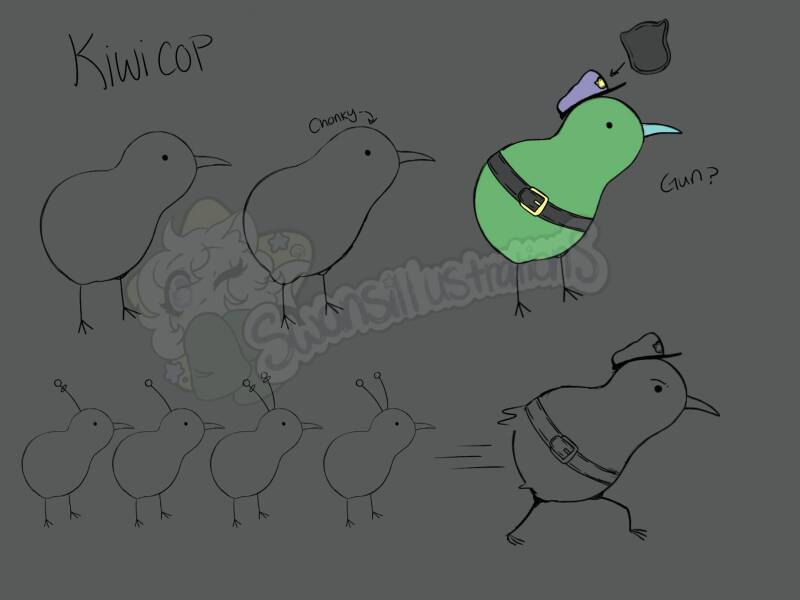 Kiwi Cop Character Reference Sheet    Media: Digital Illustration/Character Design  Size: 2160 x 1620 px  Date: 2026  Description: Finalized character reference sheet for Kiwi Cop. This was for an assignment for coding class. 