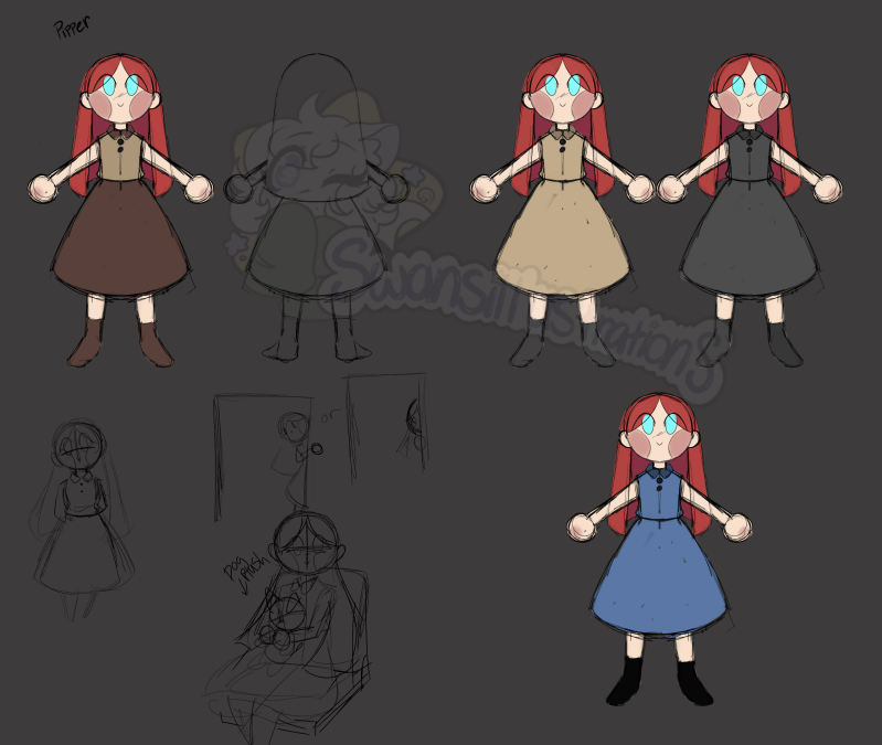 Pipper Character Development Sketch   Media: Digital Sketch /Character Design  Size: 2558 x 2160 px  Date: 2025  Description: Early exploratory sketches investigating color and personality for Pipper. 