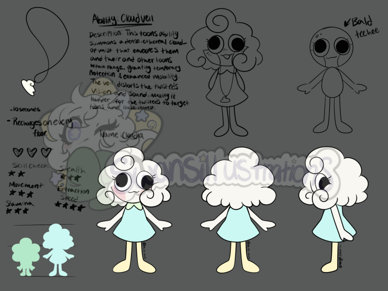 Cloudia Character Reference sheet   Media: Digital Illustration/Character Design  Size: 2160 x 1620 px  Date: 2025  Description: Finalized character reference for Cloudia. It has character size, a description for her abilities, and character turn around. 