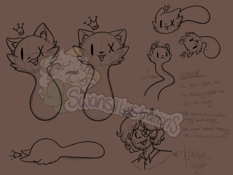 Freddy Character Reference Sheet (Work in progress)  Media: Digital Illustration/Character Design  Size: 2160 x 1620 px  Date: 2025  Description: Unfinished character reference sheet for Freddy. planning to add color palette and turn around sheet. 