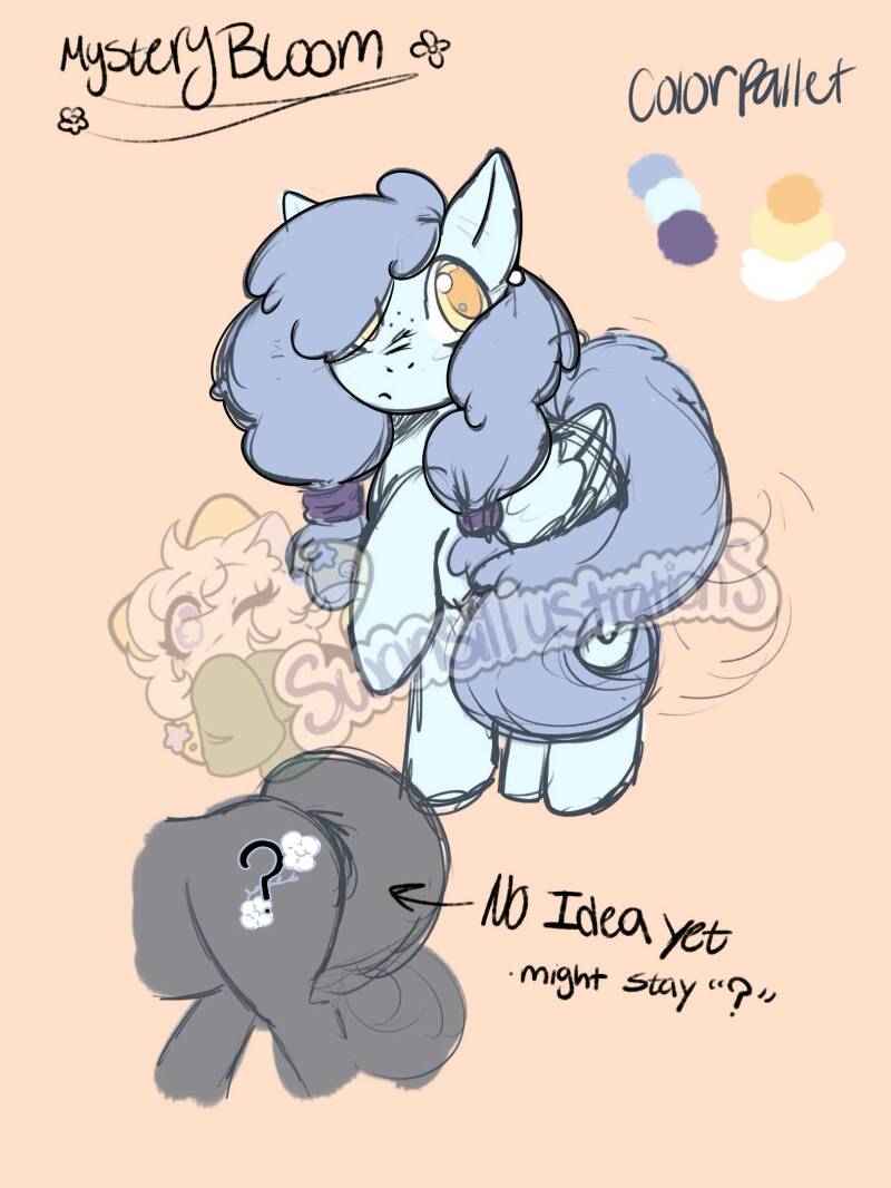Mystery Bloom Character Reference Sheet   Media: Digital Illustration/Character Design  Size: 1620 x 2160 px  Date: 2026  Description: Finalized character reference for my MLP oc, Mystery Bloom, it has her cutie mark and color pallet.
