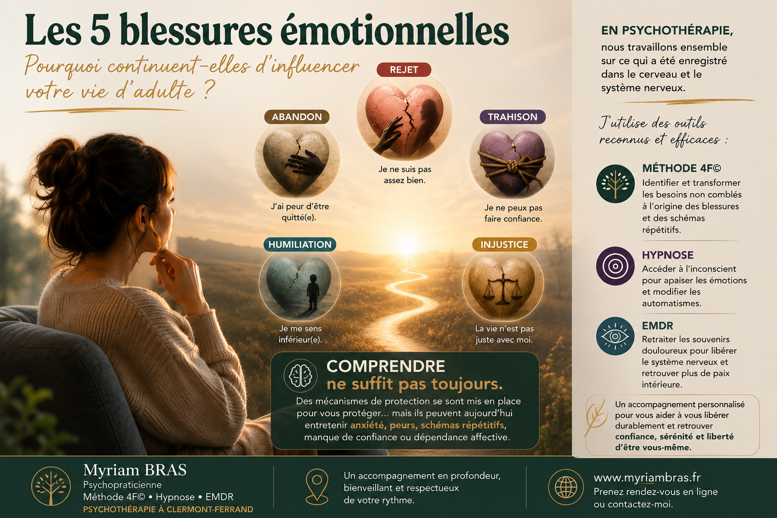 Illustration représentant les 5 blessures émotionnelles (rejet, abandon, humiliation, trahison et injustice) et leur influence sur la vie d'adulte. Accompagnement en psychothérapie avec la Méthode 4F©, l'hypnose et l'EMDR à Clermont-Ferrand.