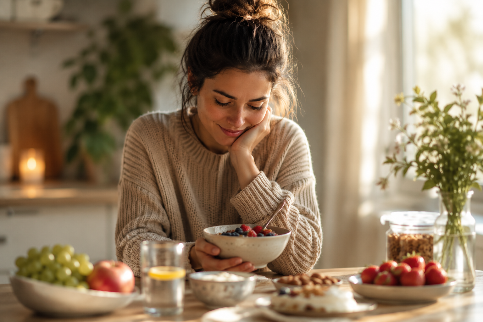 Femme souffrant d’hyperphagie et de compulsions alimentaires, réfléchissant devant de la nourriture.