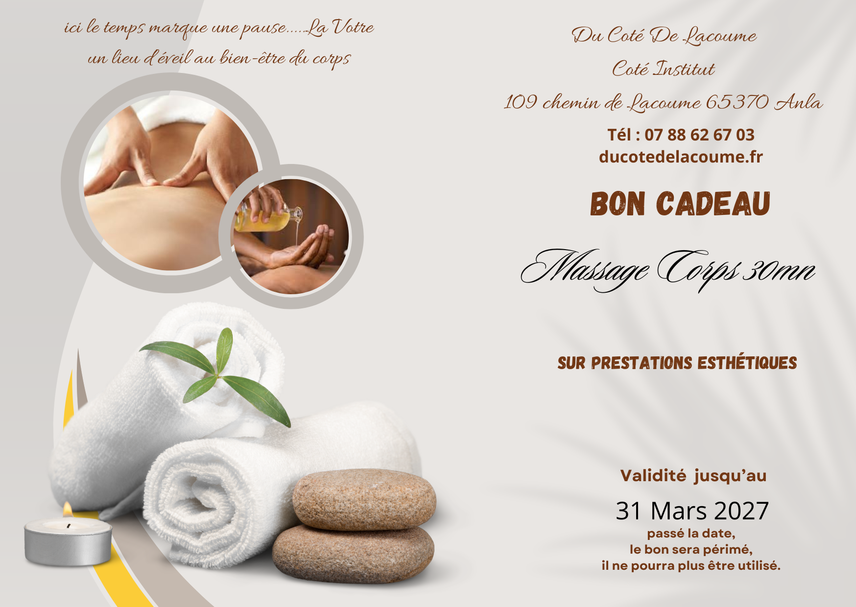 Bon Cadeau Massage Corps 30 mn