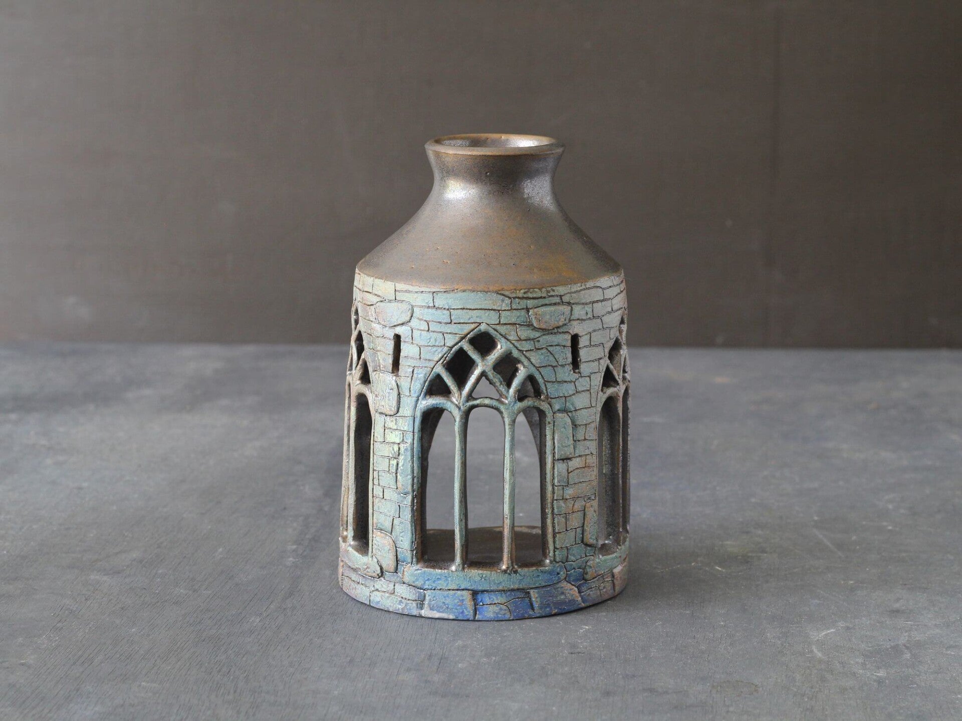 Handmade Irish Ceramic Candle Holder - Abbey Design  Gothic Window
