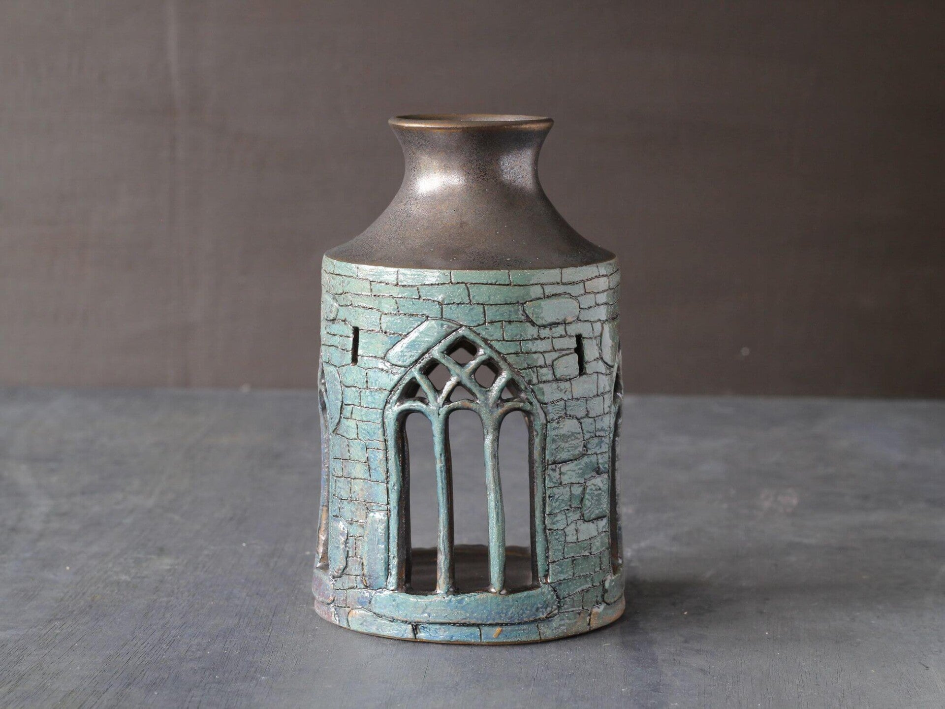 Handmade Irish Ceramic Candle Holder - Abbey Design  Gothic Window