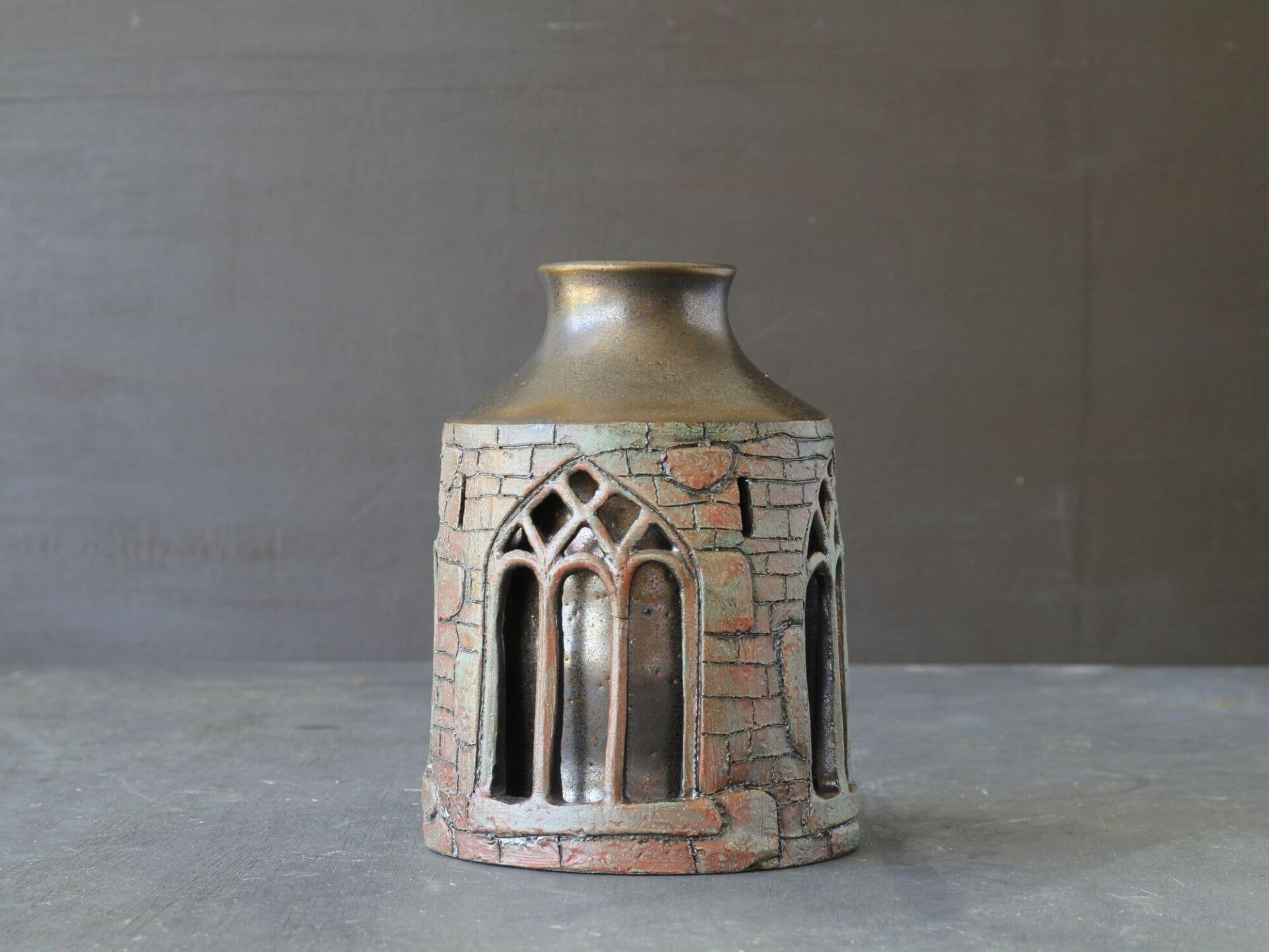 Handcrafted  Double-walled Abbey Vase - Gothic Window - Gold Metallic