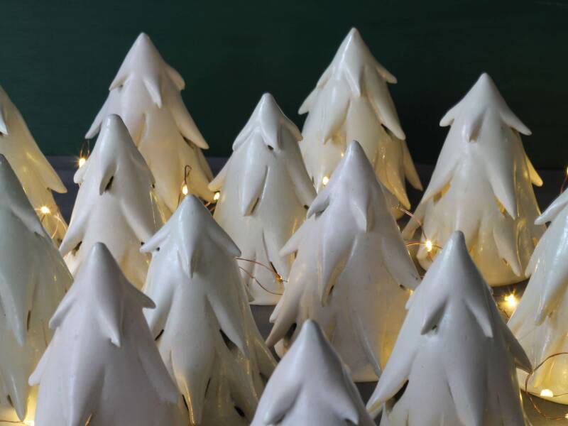 Handmade Irish ceramic Christmas tree luminaries with candle holders