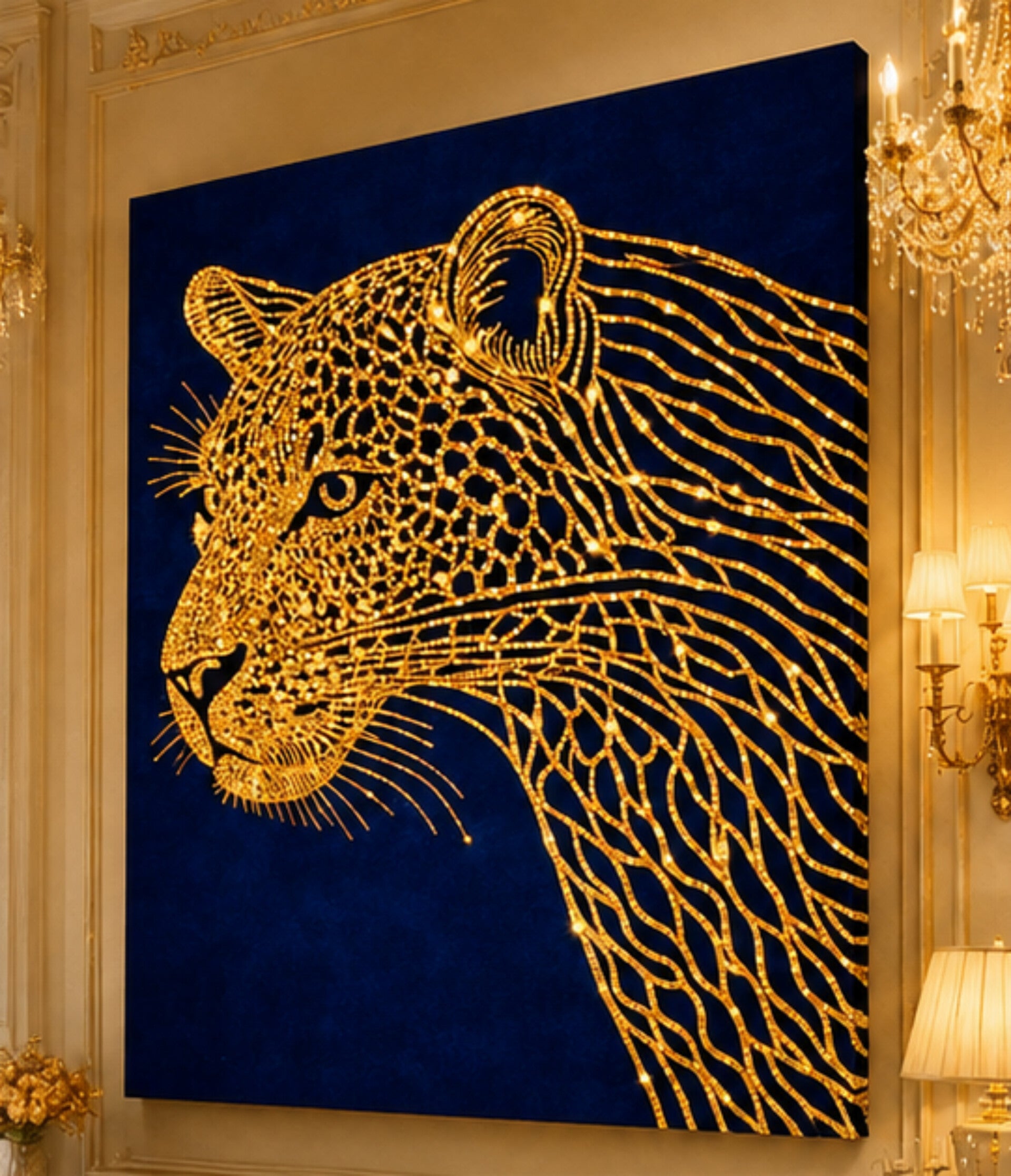 Golden Rhinestone Leopard Canvas Art