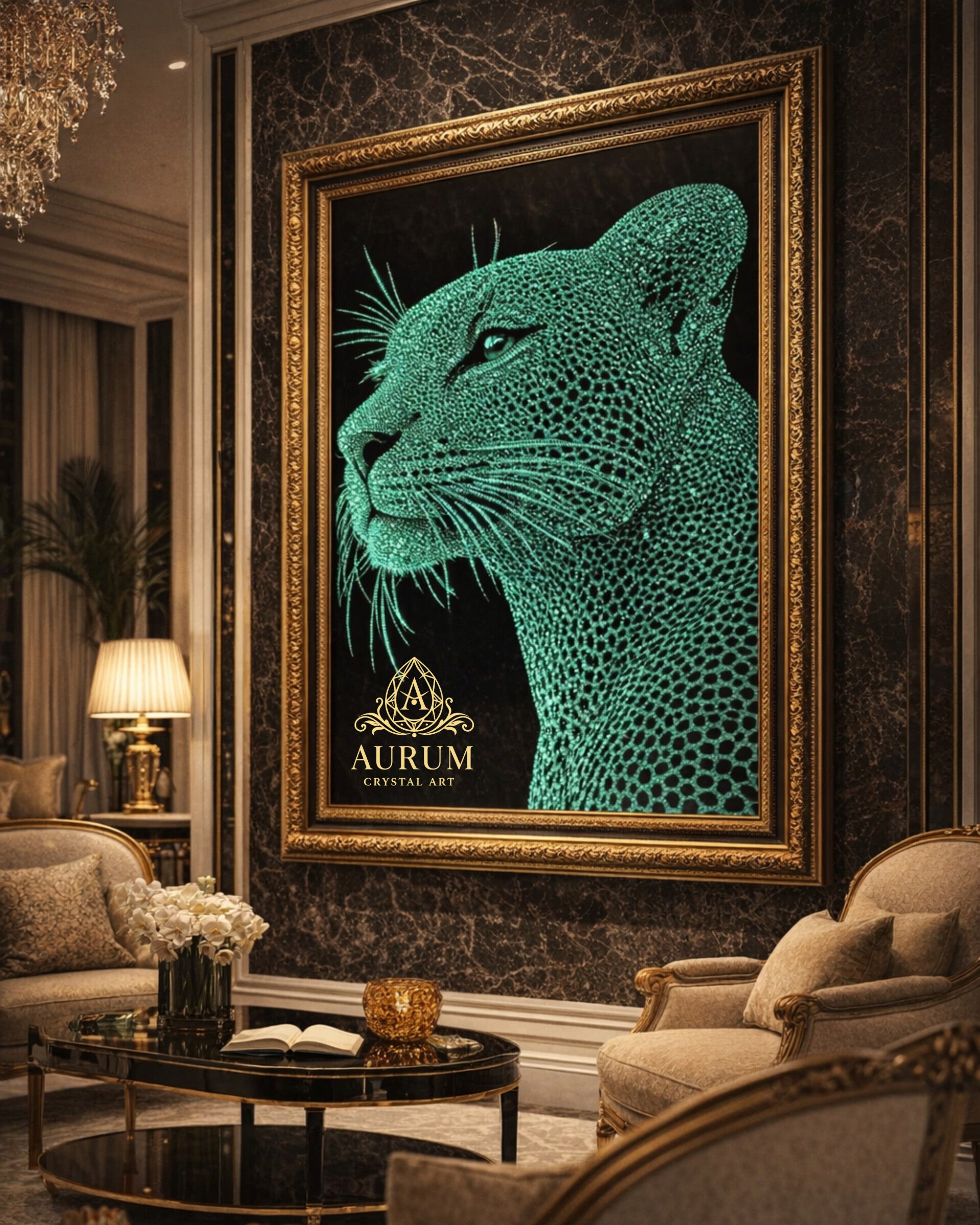 Emerald Rhinestone Leopard Canvas Art