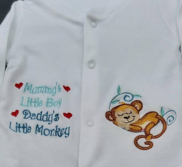 Embroidered Babygrow sleeping monkey design